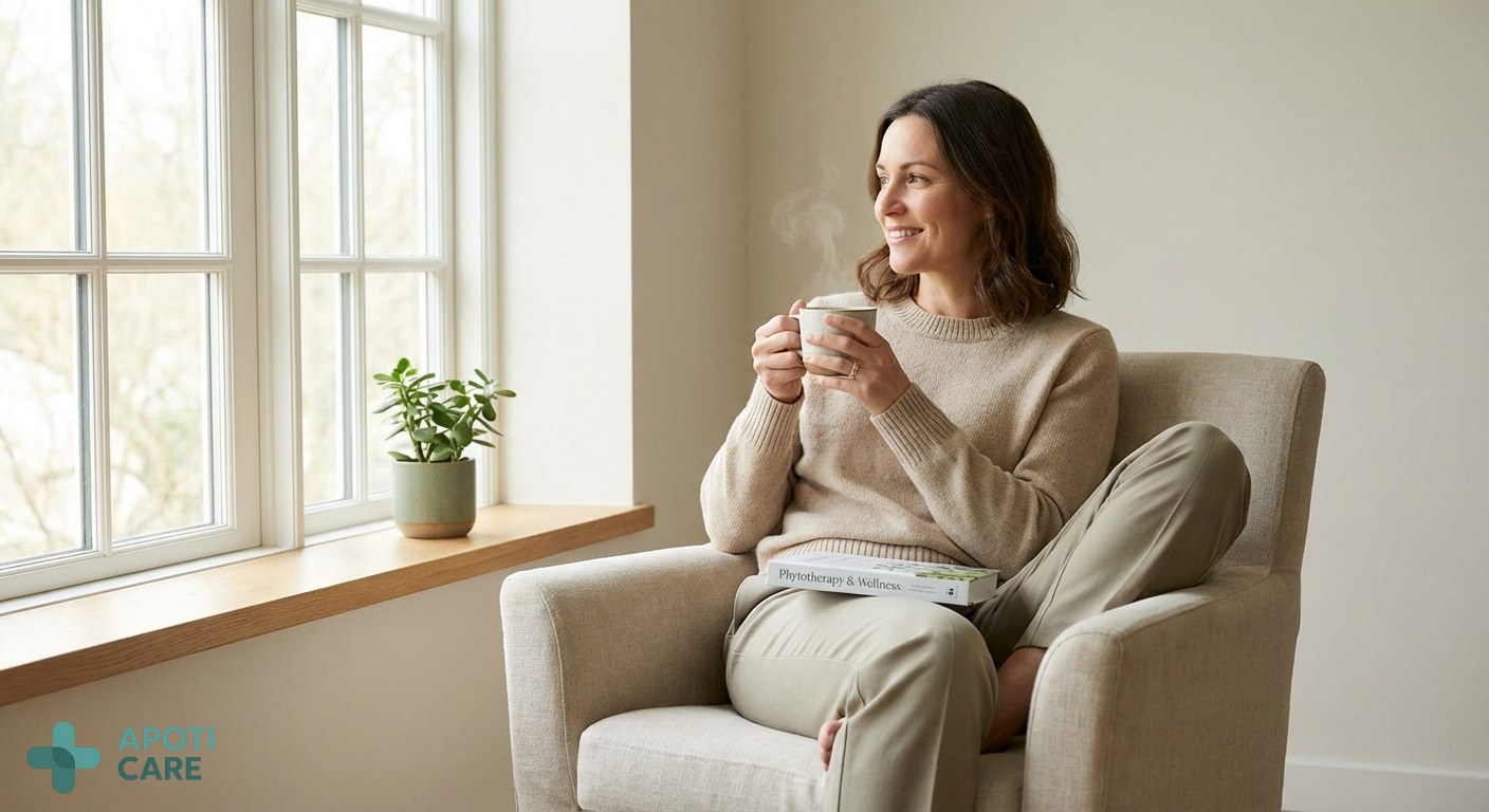 A professional person in their 30s looking relaxed, sitting by a window with soft spring morning light, holding a cup of herbal tea, focused on well-being and serenity.