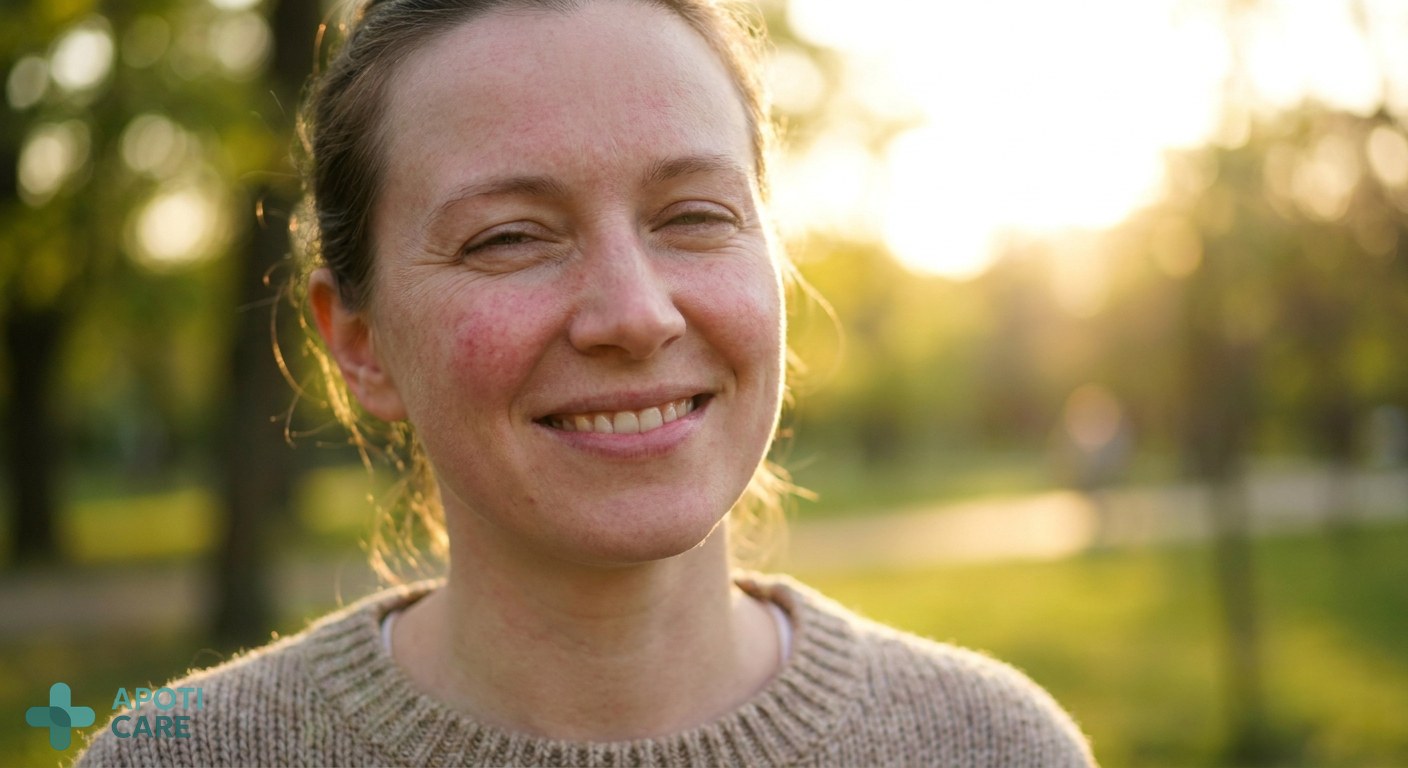 A close-up of a smiling woman with light skin and subtle redness on her cheeks, enjoying the warm sunset light in an outdoor park setting, realistic photography style