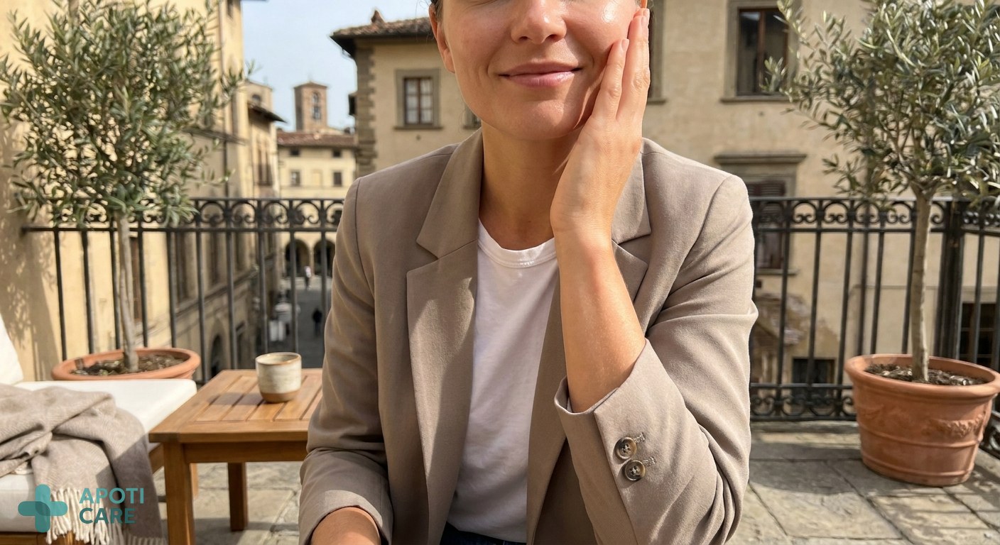 A person with a professional look relaxing on a sunny terrace in a European city, focusing on the healthy appearance of their skin in natural daylight.