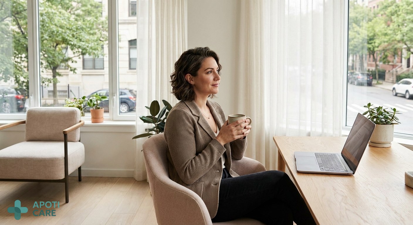 A professional person in their late 30s sitting in a bright, modern office, looking thoughtfully out the window with a cup of tea, calm and serene atmosphere, realistic photography style