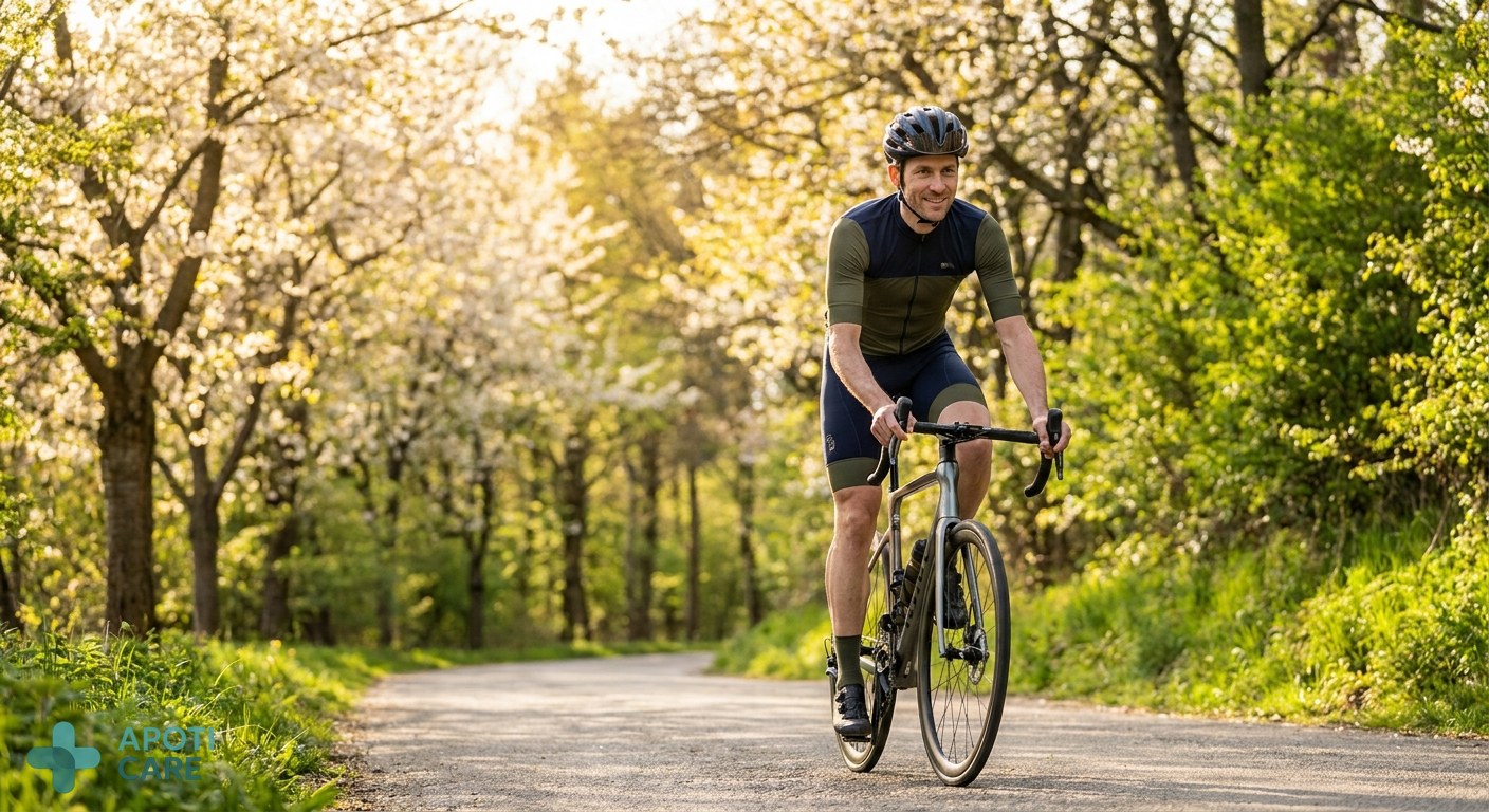 A fit professional man in his late 30s cycling on a sunny paved road through a blooming spring forest, wearing high-quality gear, bright natural light.