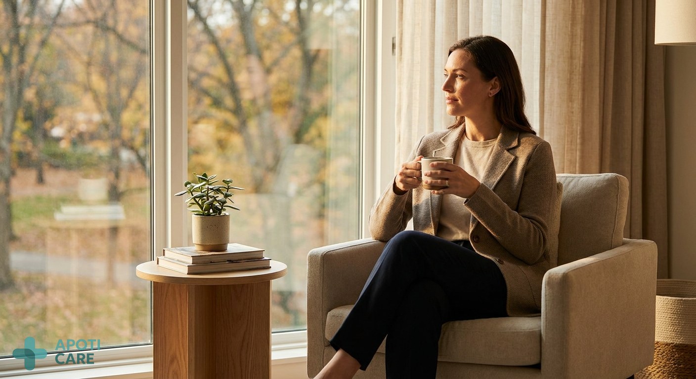 A professional person sitting near a large window with autumn leaves outside, holding a warm mug, soft morning sunlight, realistic photography style