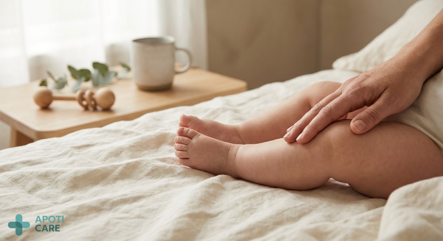 A soft, close-up lifestyle photograph of a parent's hand gently touching a baby's leg on a white linen sheet, natural soft spring morning light coming through a window, serene atmosphere.