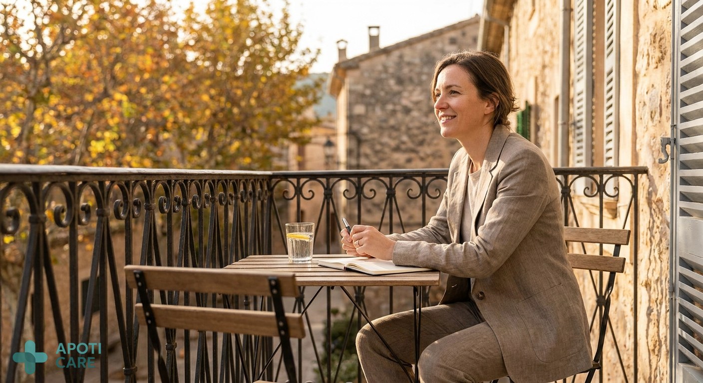 A professional person in their 30s sitting on a sunlit terrace, looking relaxed but organized with a notebook and a glass of water, summer-to-autumn transition atmosphere.