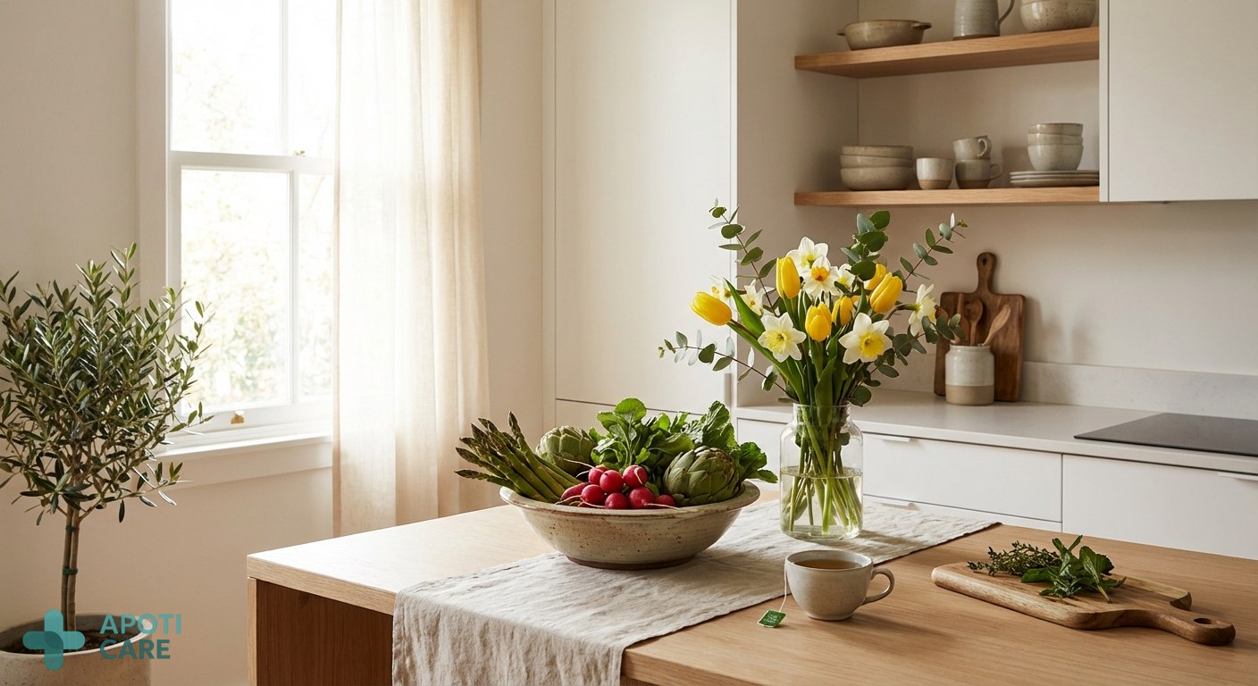 A bright, airy kitchen scene in spring, with a bowl of fresh seasonal vegetables, some spring flowers in a vase, and soft morning light coming through a window.