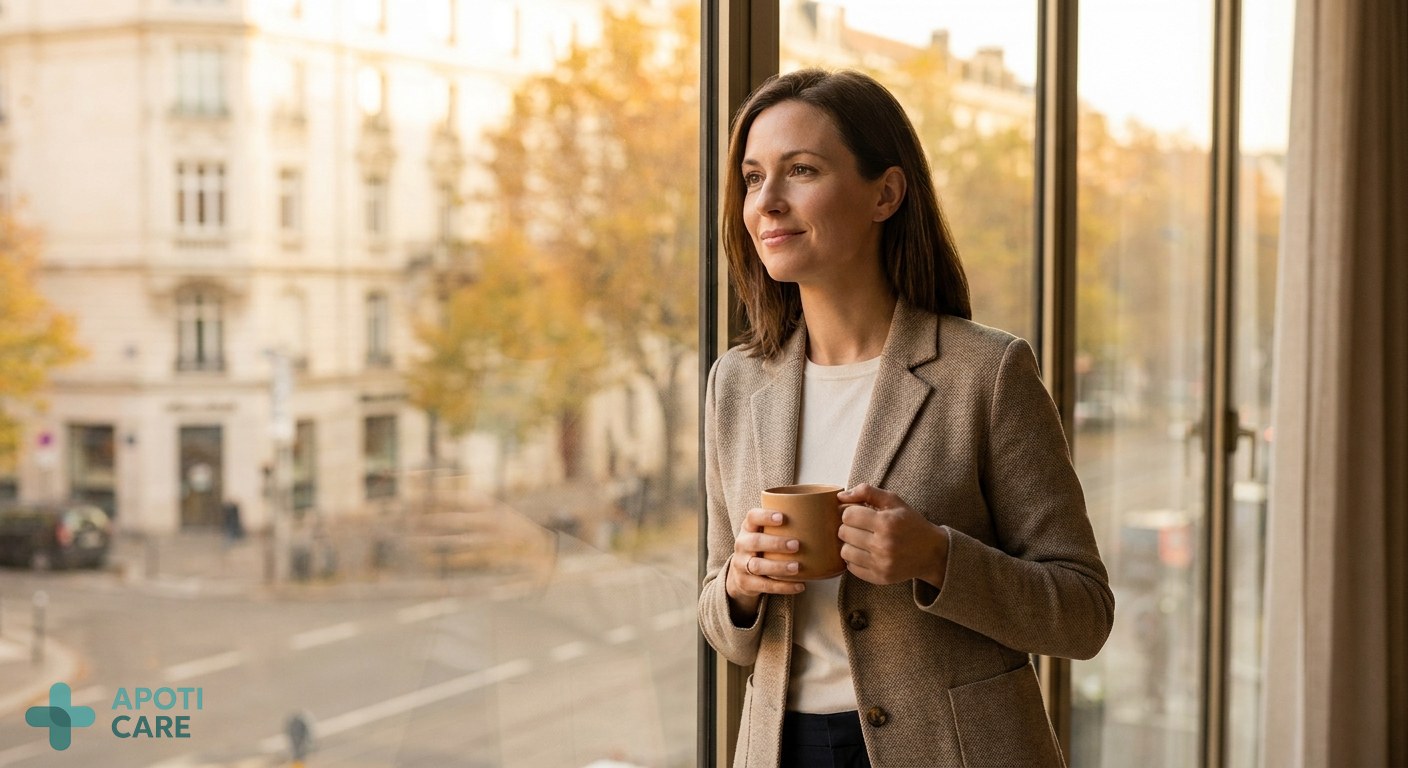A professional person in their 30s standing by a large office window during golden hour in September, looking calm and reflective.