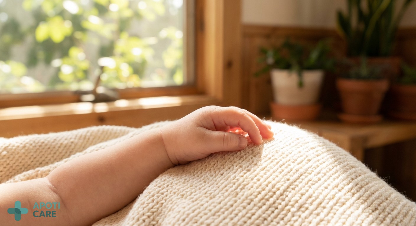 Close-up of a baby's soft skin with gentle sunlight filtering through a window, spring atmosphere with a hint of green leaves outside, realistic photography style.