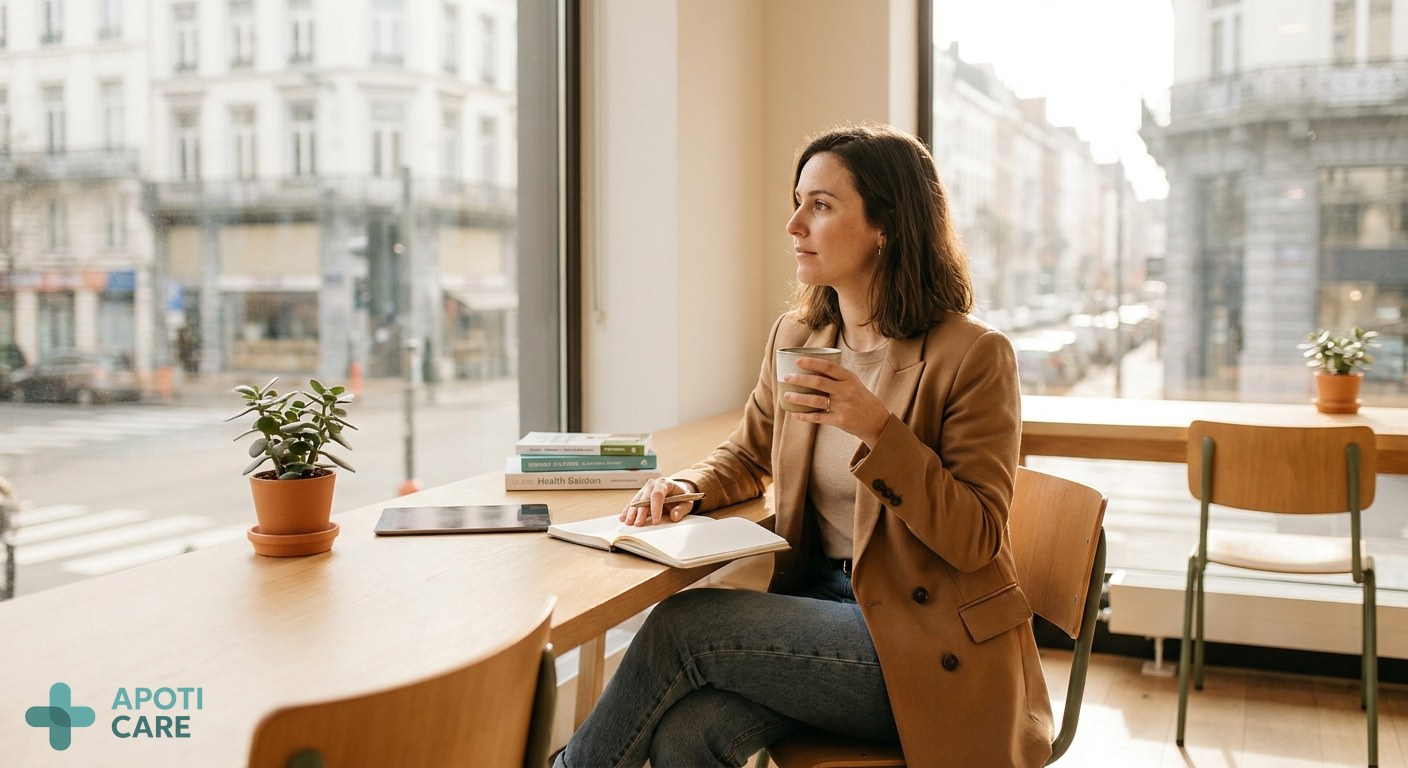 A professional active woman in her late 30s, looking thoughtful while working in a modern, sunlit office space with a coffee and a notebook, reflecting a transition period.