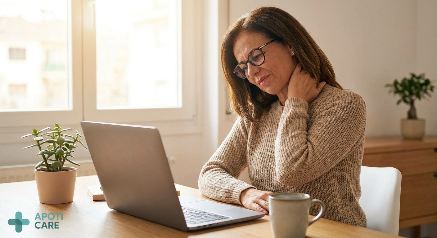 A professional active adult sitting at a desk, showing signs of neck tension, soft natural morning light, realistic photography