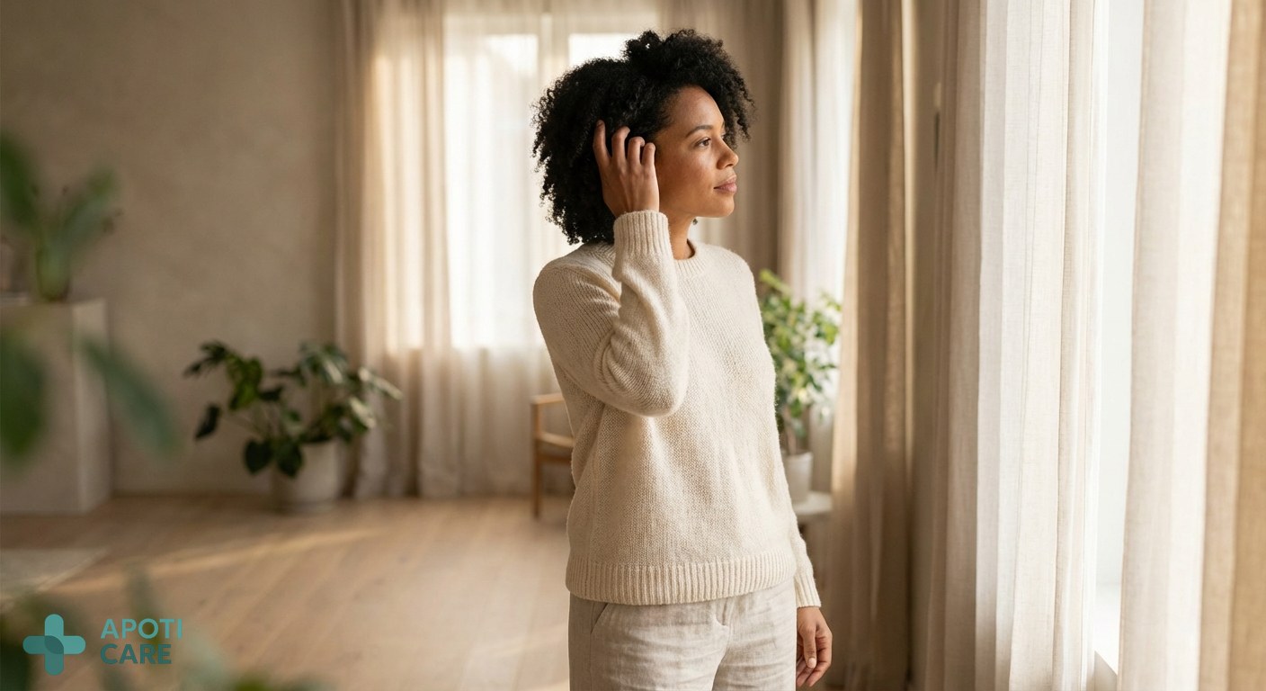 A serene woman in her late 30s standing by a window with soft morning spring light, touching her healthy textured hair, looking peaceful, minimalist modern interior.