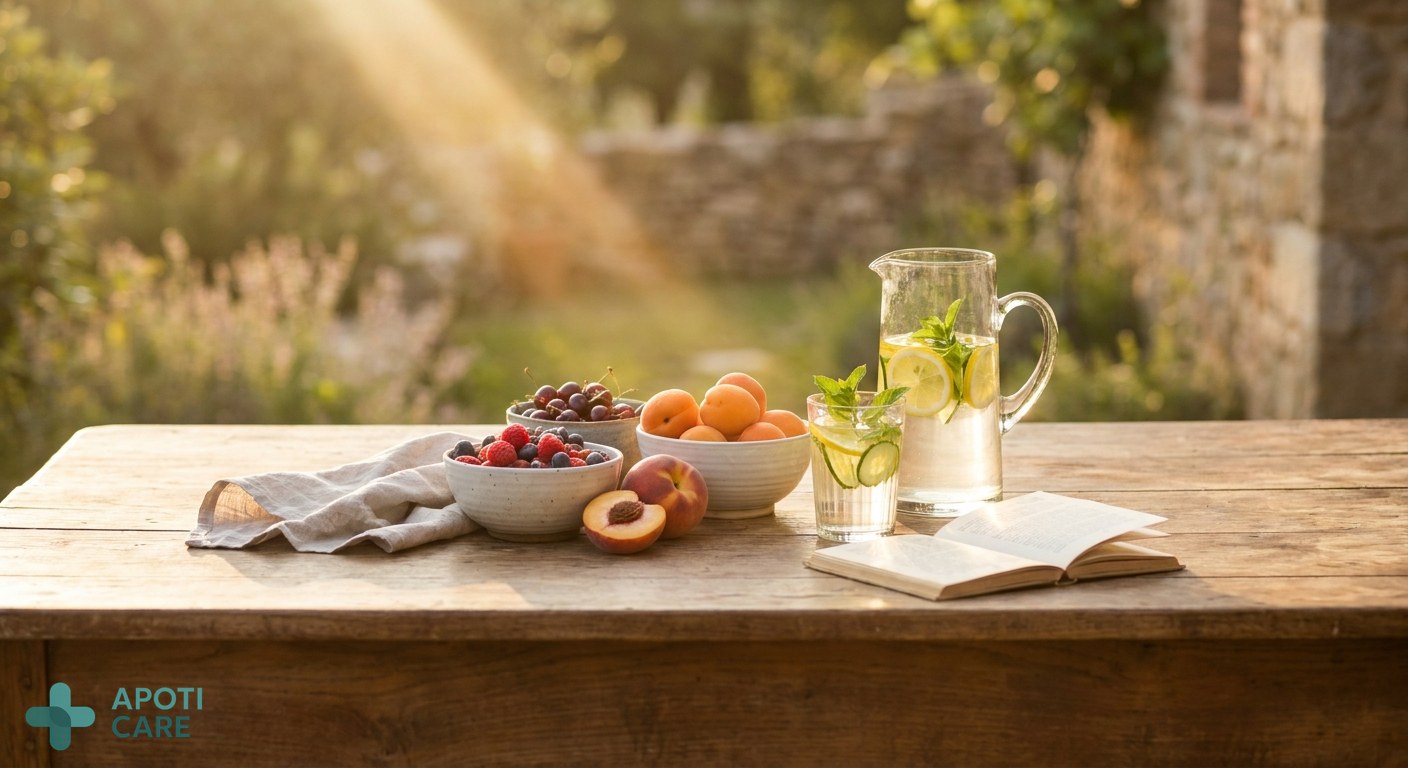 A serene outdoor wooden table with fresh summer fruits, a glass of infused water, and soft golden hour sunlight, representing a healthy slow-summer lifestyle.