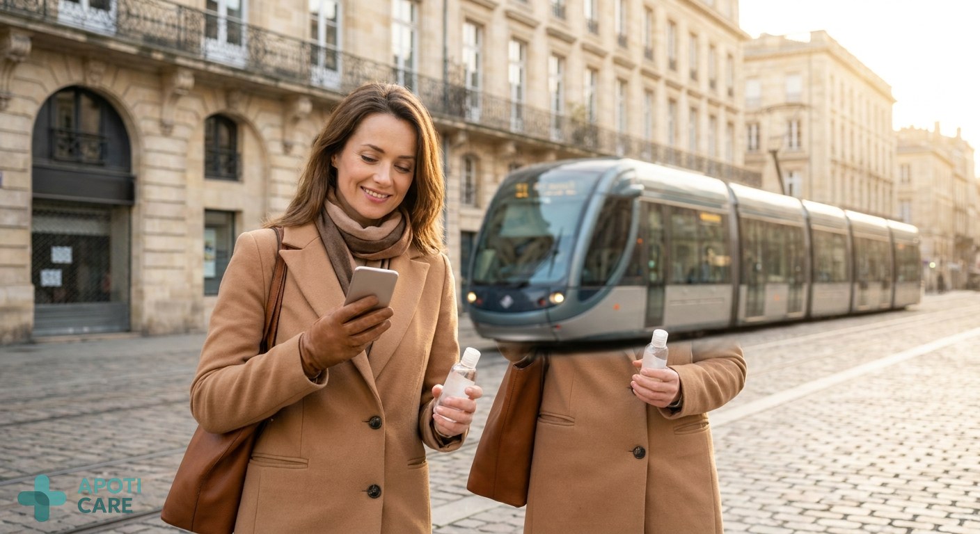 A professional person in their 30s, elegantly dressed, commuting in a modern European city, holding a smartphone in one hand and a small bottle of hand sanitizer nearby, soft morning light.