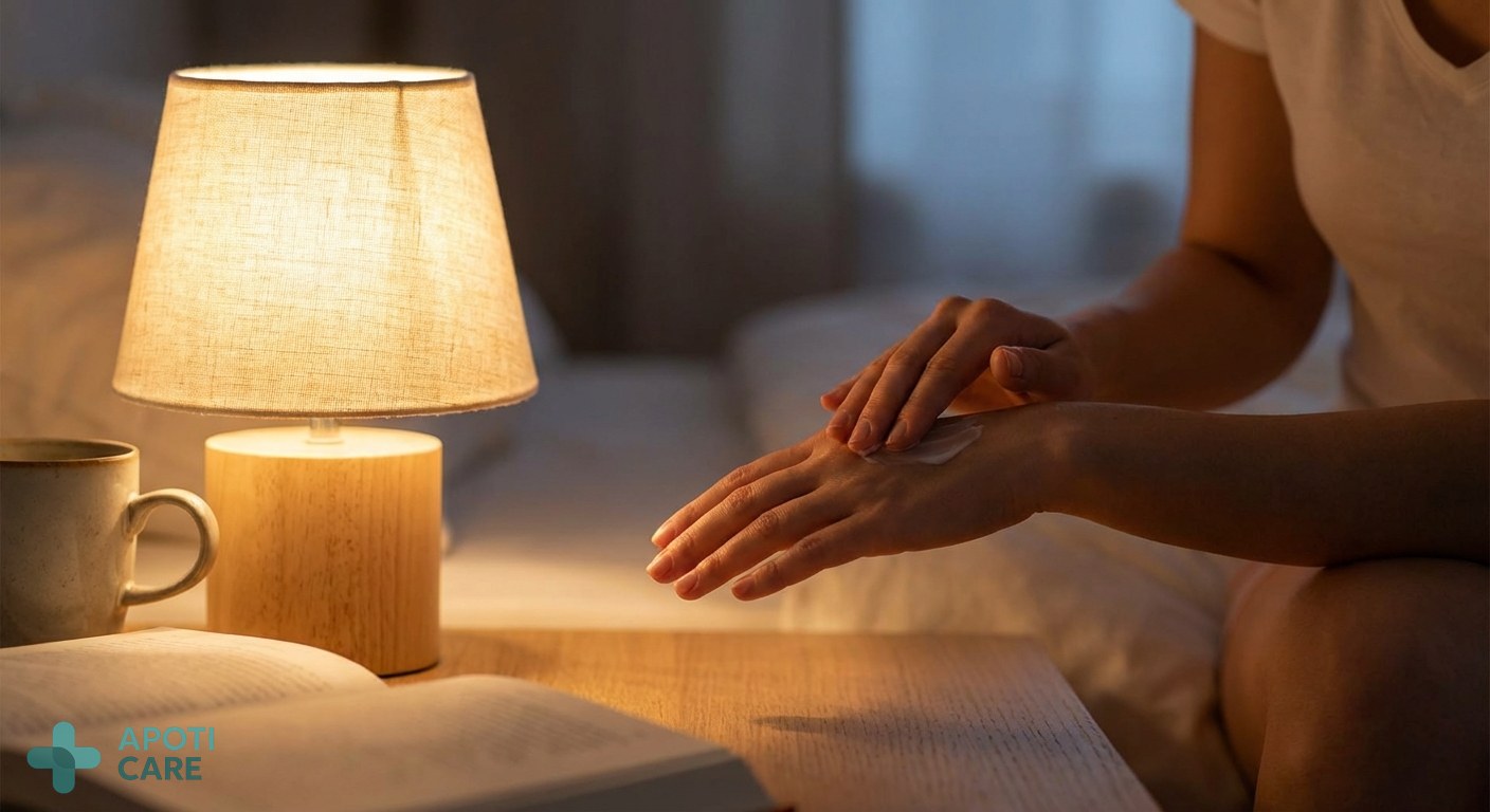 A serene bedroom setting at dusk with a bedside table, a soft lamp, and a person's hands being cared for, emphasizing a calm evening routine for a busy professional.