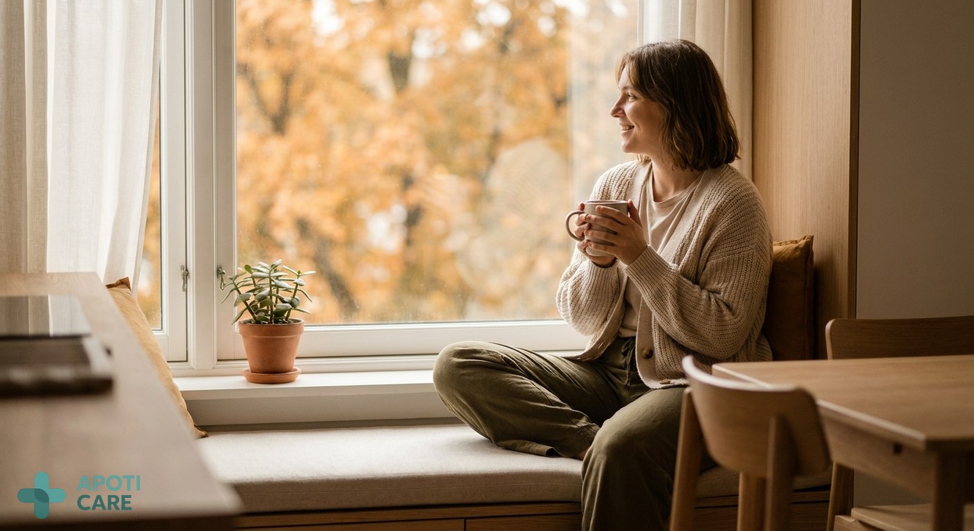A serene person sitting by a window in autumn, holding a warm cup of tea, with soft natural light filtering through trees with orange leaves. Realistic photography style.