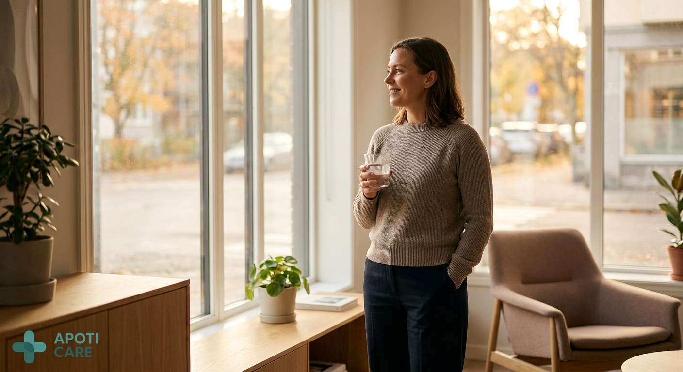 A professional person in their 30s standing by a window with golden autumn light, holding a glass of water, looking serene but focused, cozy indoor atmosphere.