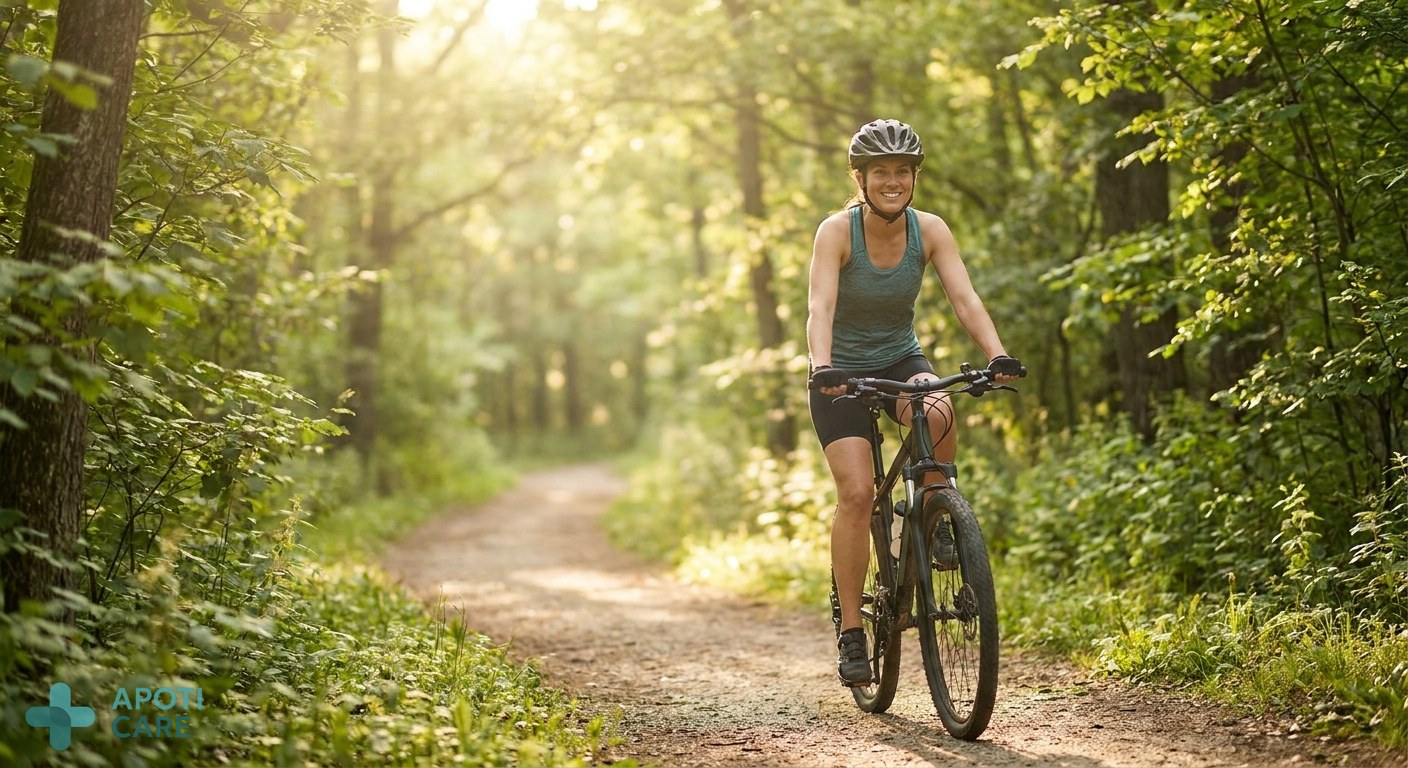 A 35-year-old person running or cycling on a sunny forest trail in early June, soft morning sunlight filtering through the leaves, realistic photography style