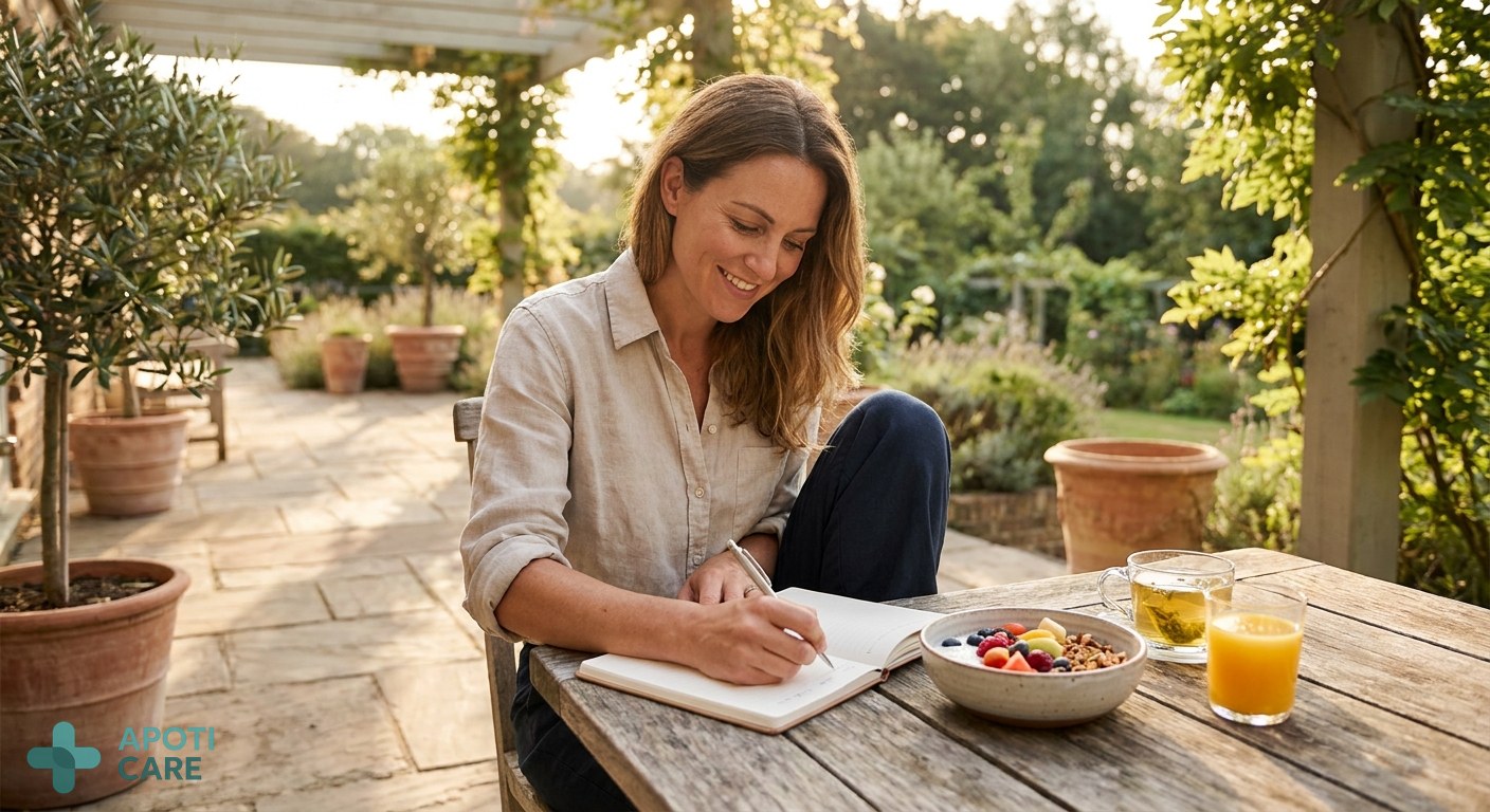 A professional active person in their late 30s sitting on a sunlit terrace in late August, looking relaxed with a healthy breakfast and a notebook, warm natural lighting, realistic photography style