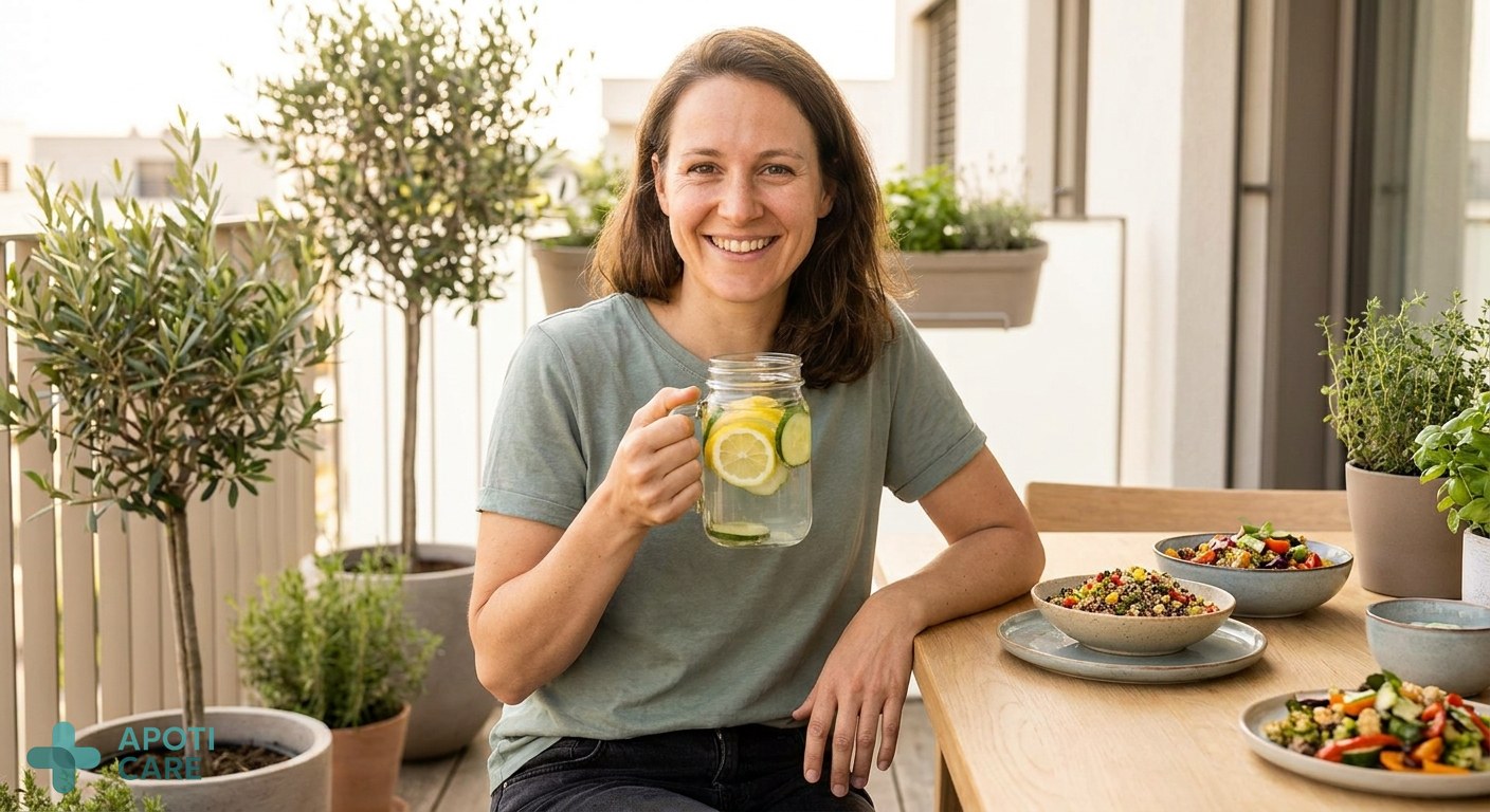 A high-quality lifestyle shot of a healthy 35-year-old person enjoying a glass of infused water on a sunny terrace, with vibrant summer salads in the background, soft natural lighting.
