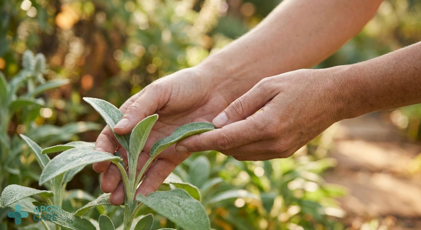 Close-up of a person's hands touching a soft green leaf in a garden, soft morning light, focus on skin texture and nature, realistic photography.