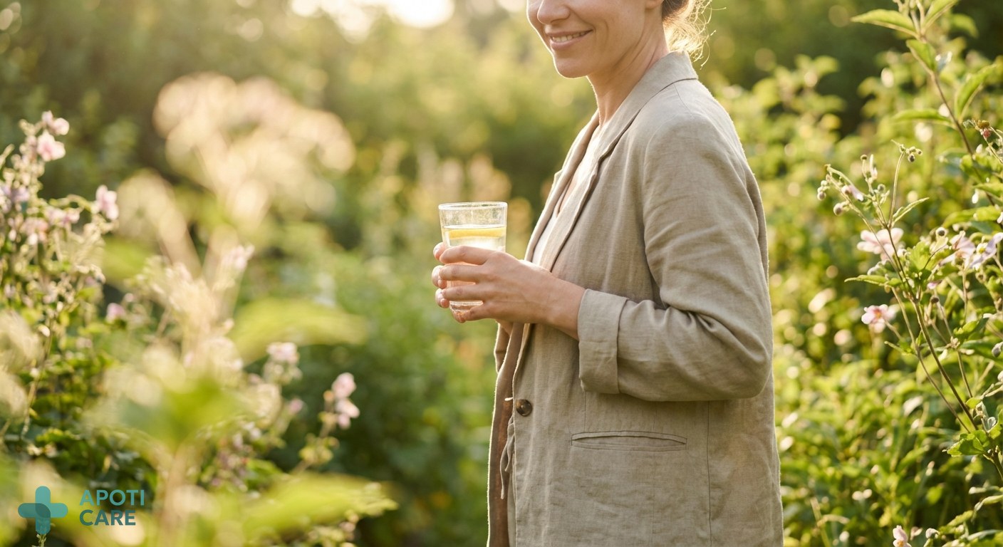 A professional 35-year-old person enjoying a sunny spring morning in a green garden, holding a glass of lemon water, soft morning light, realistic photography