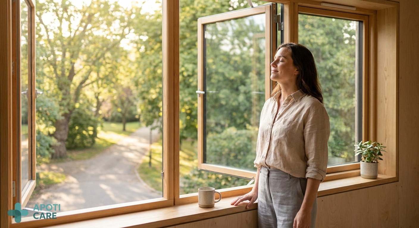 A professional person in their 30s standing by an open window overlooking a green park, taking a deep breath of fresh morning air, bright summer light, realistic photography style