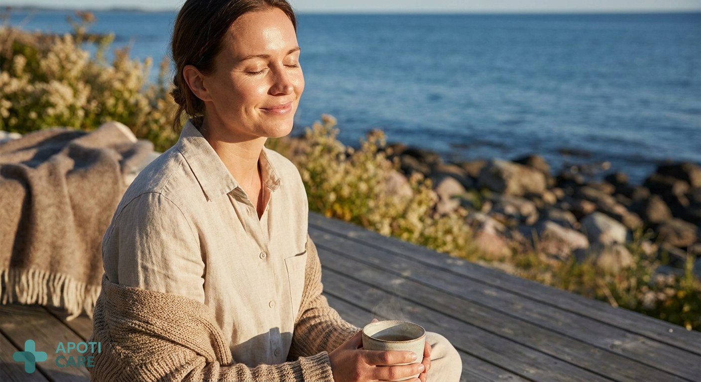 A serene young professional woman sitting on a wooden deck by the sea, eyes closed, enjoying the sun with a soft, healthy glow on her skin, realistic lifestyle photography style