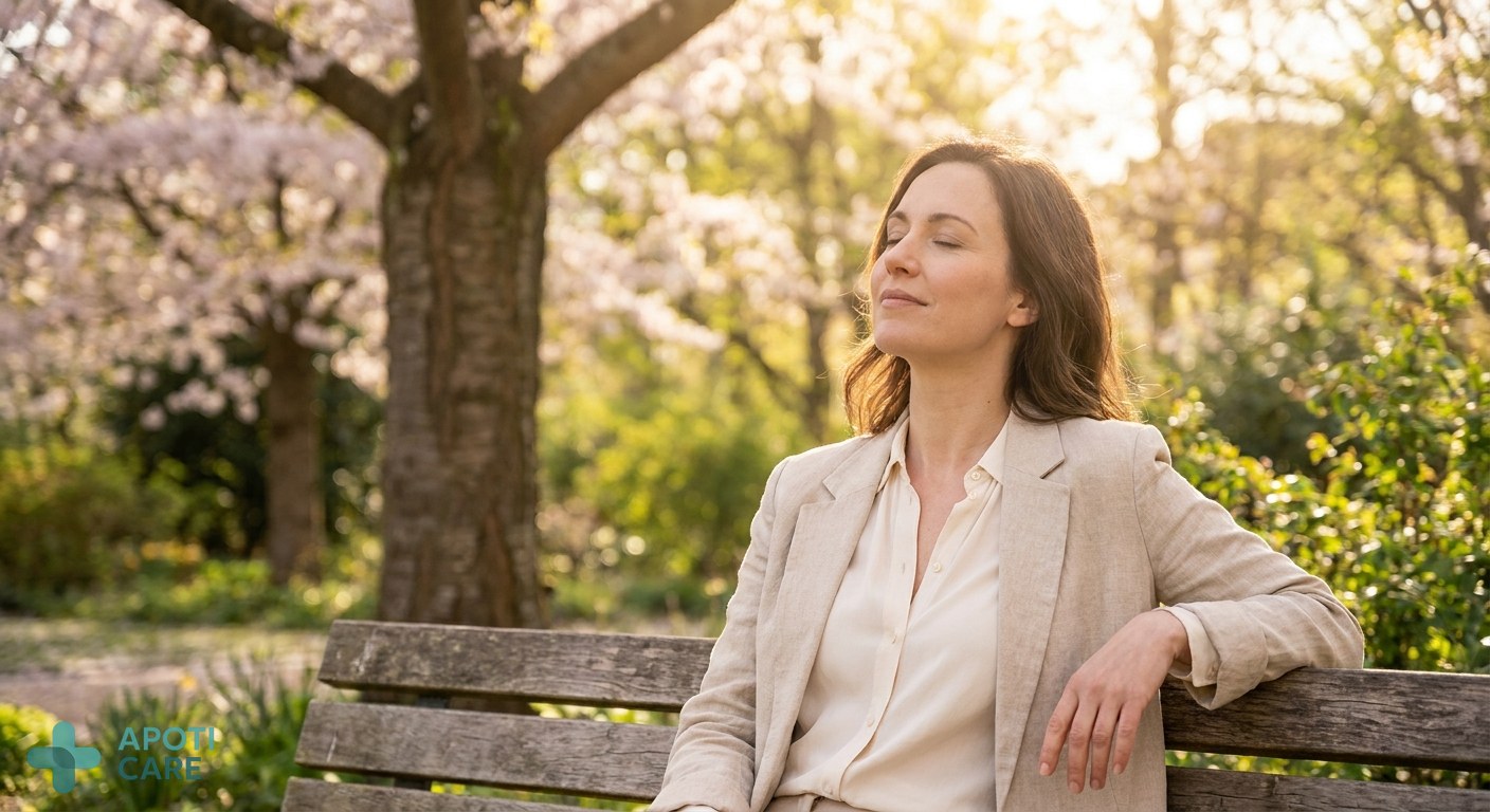 A professional person in their 30s sitting in a sun-drenched park during spring, looking calm and breathing deeply, dressed in business casual attire, soft natural lighting.