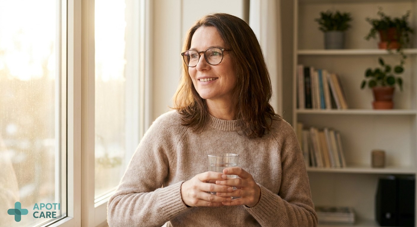 A professional active adult looking serene, sitting near a window with soft morning sunlight, holding a glass of water, minimalist office background, realistic photography style