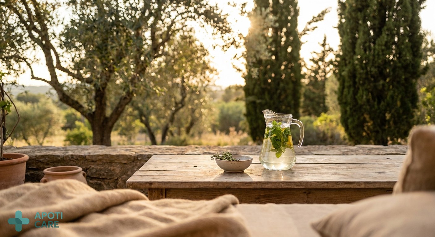 A serene outdoor scene in late afternoon golden hour, showing a glass of infused water with mint and lemon on a wooden table, soft sunlight filtering through Mediterranean trees, professional lifestyle photography style.