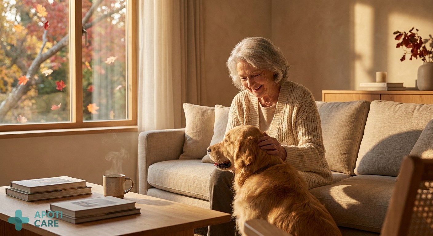 A warm, cozy living room scene with an elderly person sitting on a sofa, smiling while petting a golden retriever, golden autumn light filtering through a window with falling leaves outside.