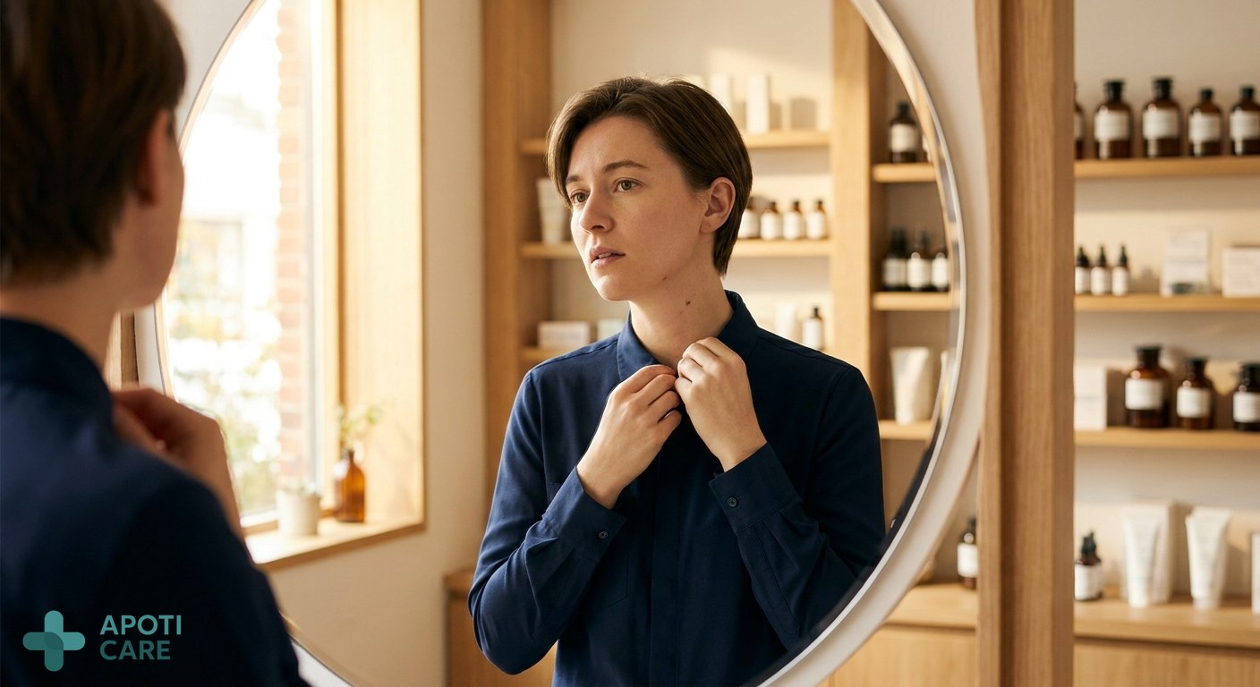 A professional 35-year-old person looking in a mirror, adjusting a shirt collar, noticing a small skin tag on the neck, soft morning autumn light, realistic photography style
