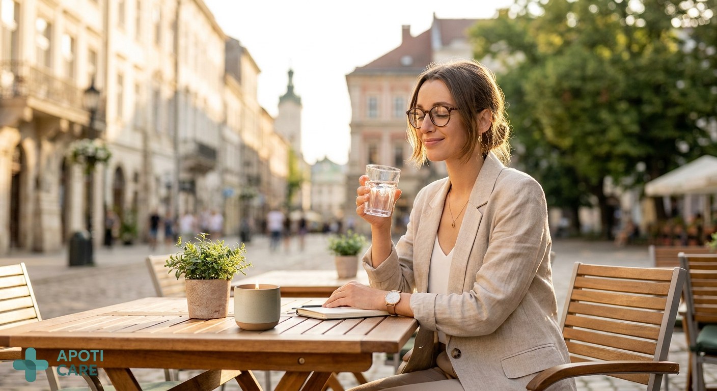 A professional person sitting on a terrace at sunset, holding a glass of water, looking relaxed but with a subtle mosquito protection candle on the table. Warm golden hour lighting, realistic photography style.