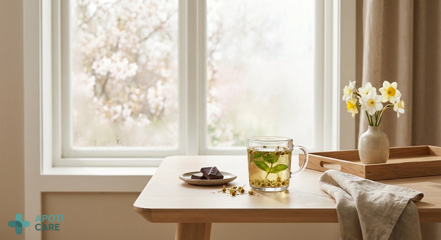 A peaceful morning scene with a cup of herbal tea, a small piece of dark chocolate, and spring flowers visible through a window, soft natural lighting.