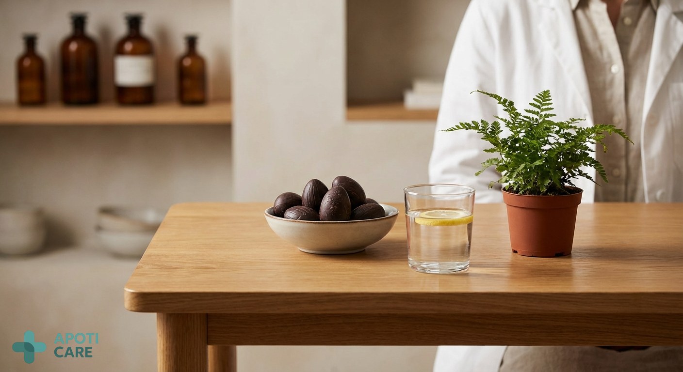 A high-quality lifestyle shot of a modern wooden table with dark chocolate eggs, a glass of water, and a small green plant, reflecting a healthy and premium atmosphere.