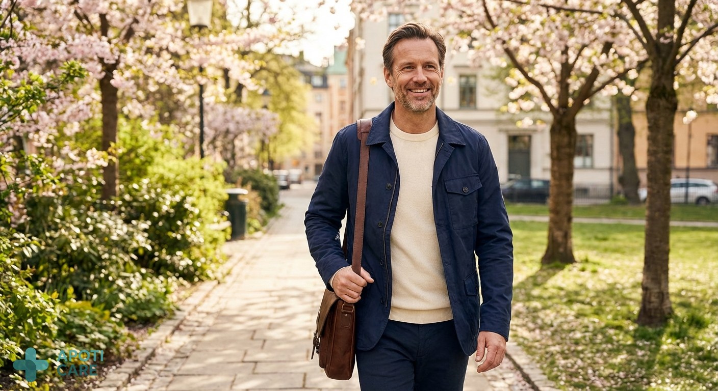 A confident man in his late 40s walking in a blooming park during spring, wearing a light jacket, looking healthy and energetic, realistic photography style.