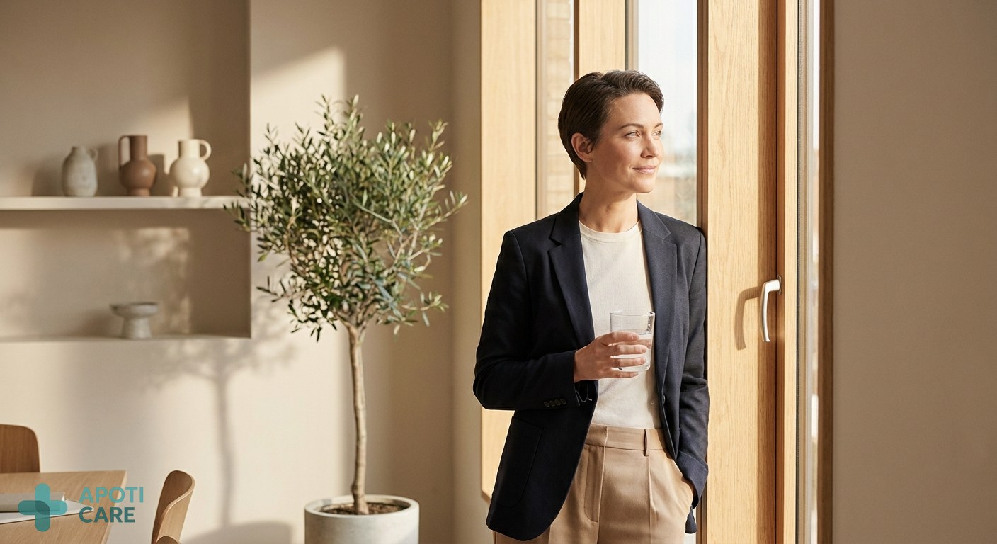 A professional person in their 30s standing by a window with bright summer sunlight, looking serene and healthy, minimalist modern office background, warm natural lighting.