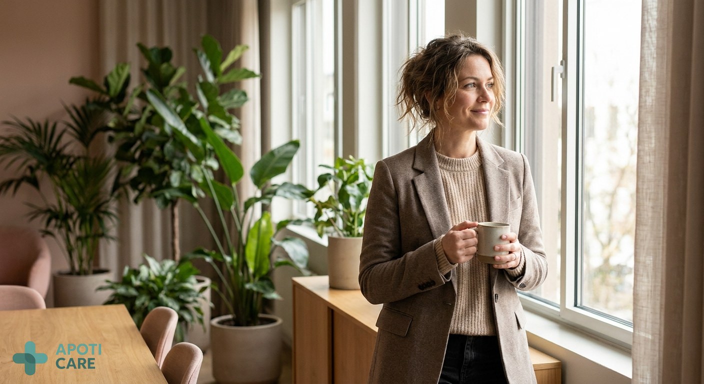 A professional person in their 30s standing by a large office window with bright spring sunlight, looking slightly tired but serene, with green plants in the background, realistic photography style