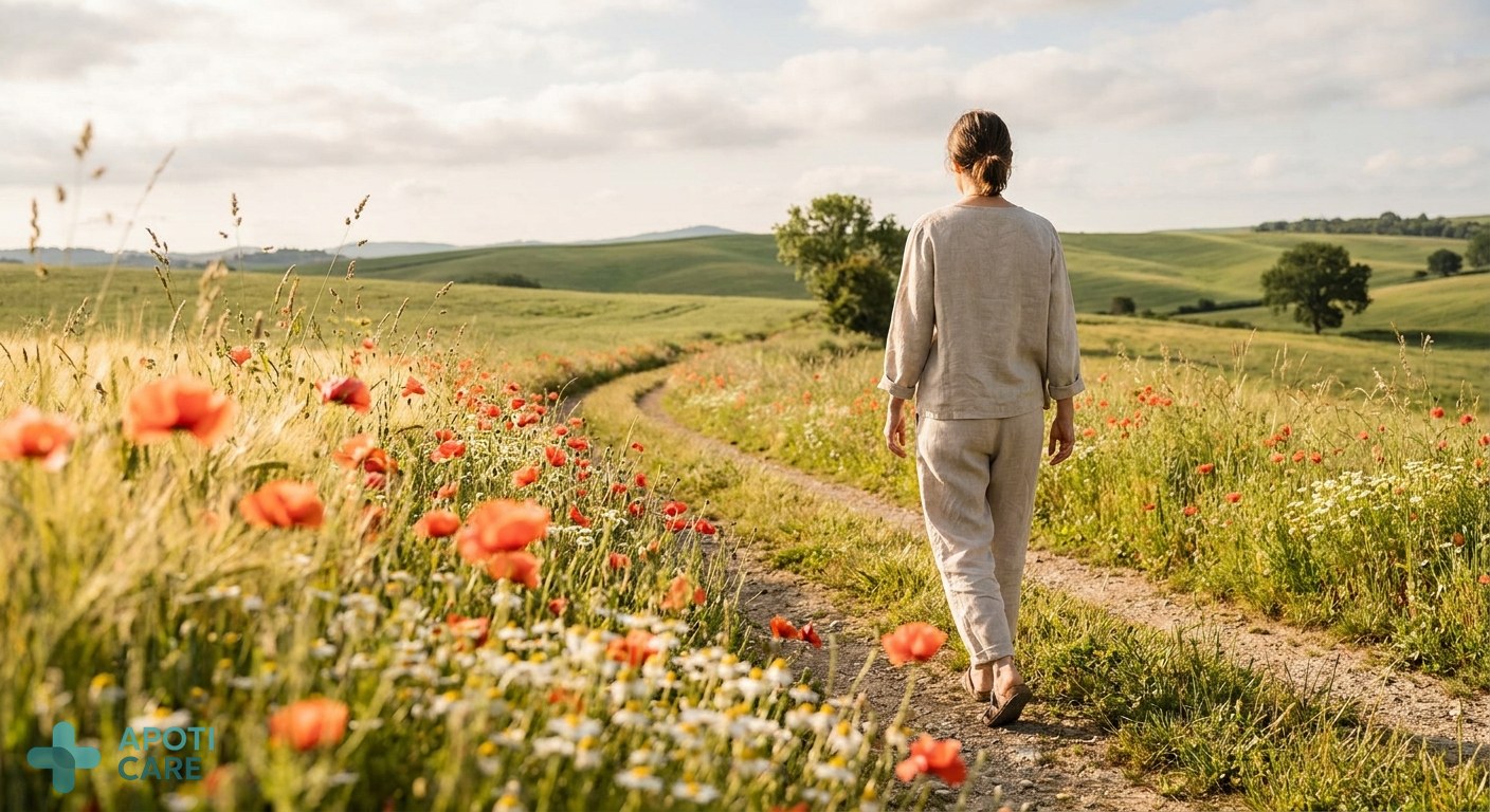 A peaceful landscape in spring, a person walking through a green meadow with wild flowers, soft morning sunlight, realistic photography style