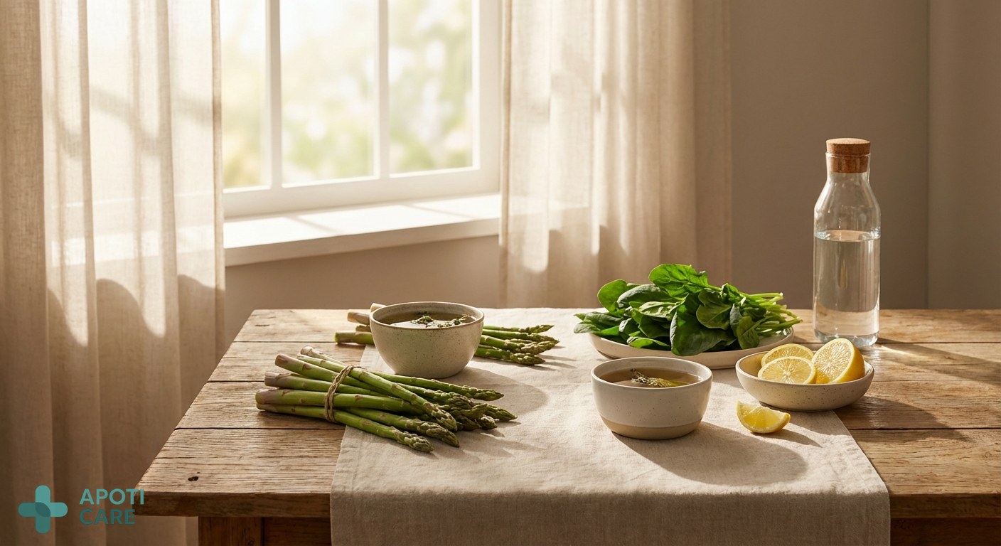 A vibrant table setting with green spring vegetables like asparagus and spinach, with a soft morning light filtering through a window, professional and clean aesthetic.