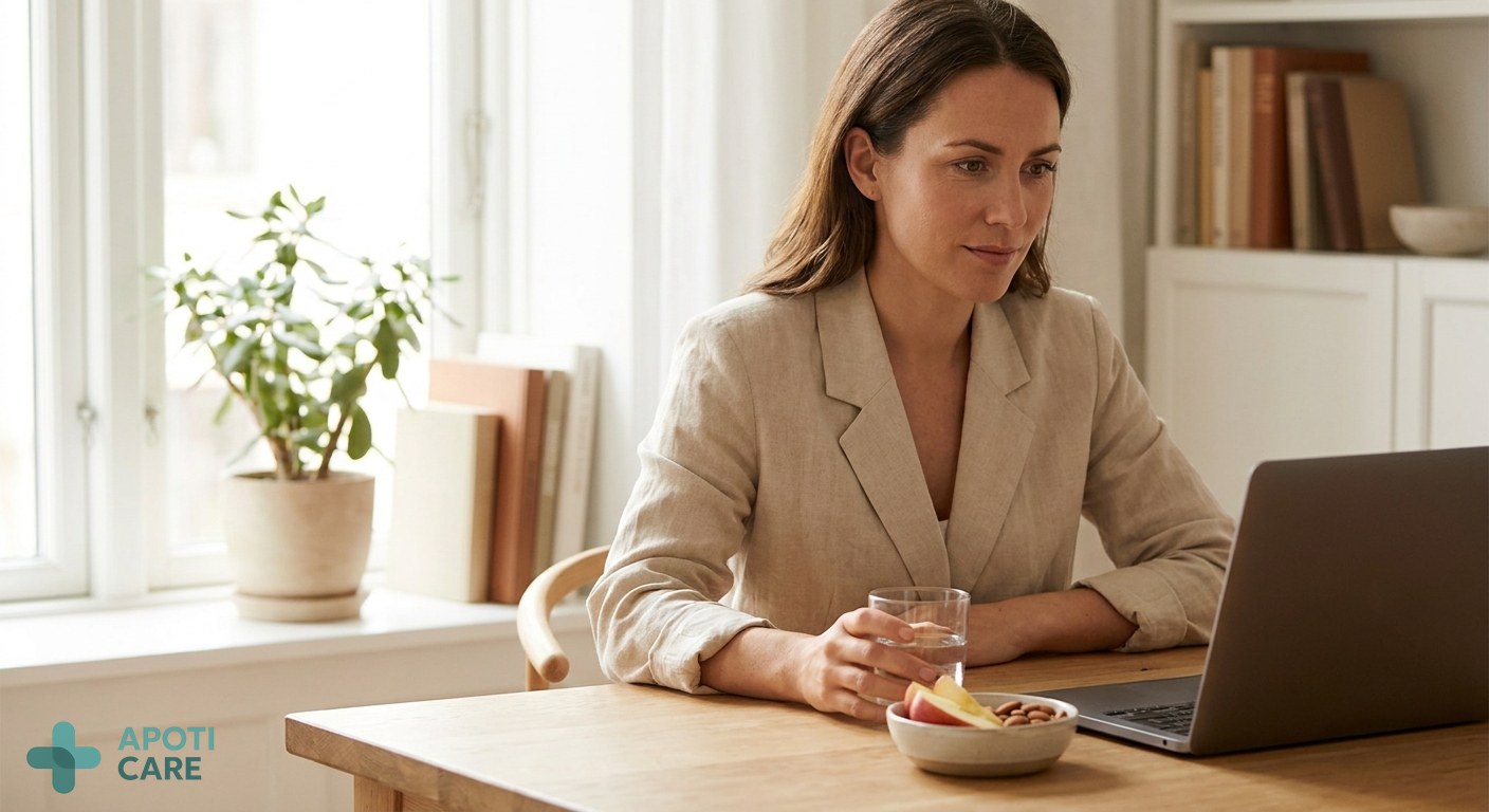 A professional person in their 30s looking serene but focused at a bright office desk with a glass of water and a small healthy snack, soft natural light, realistic photography style