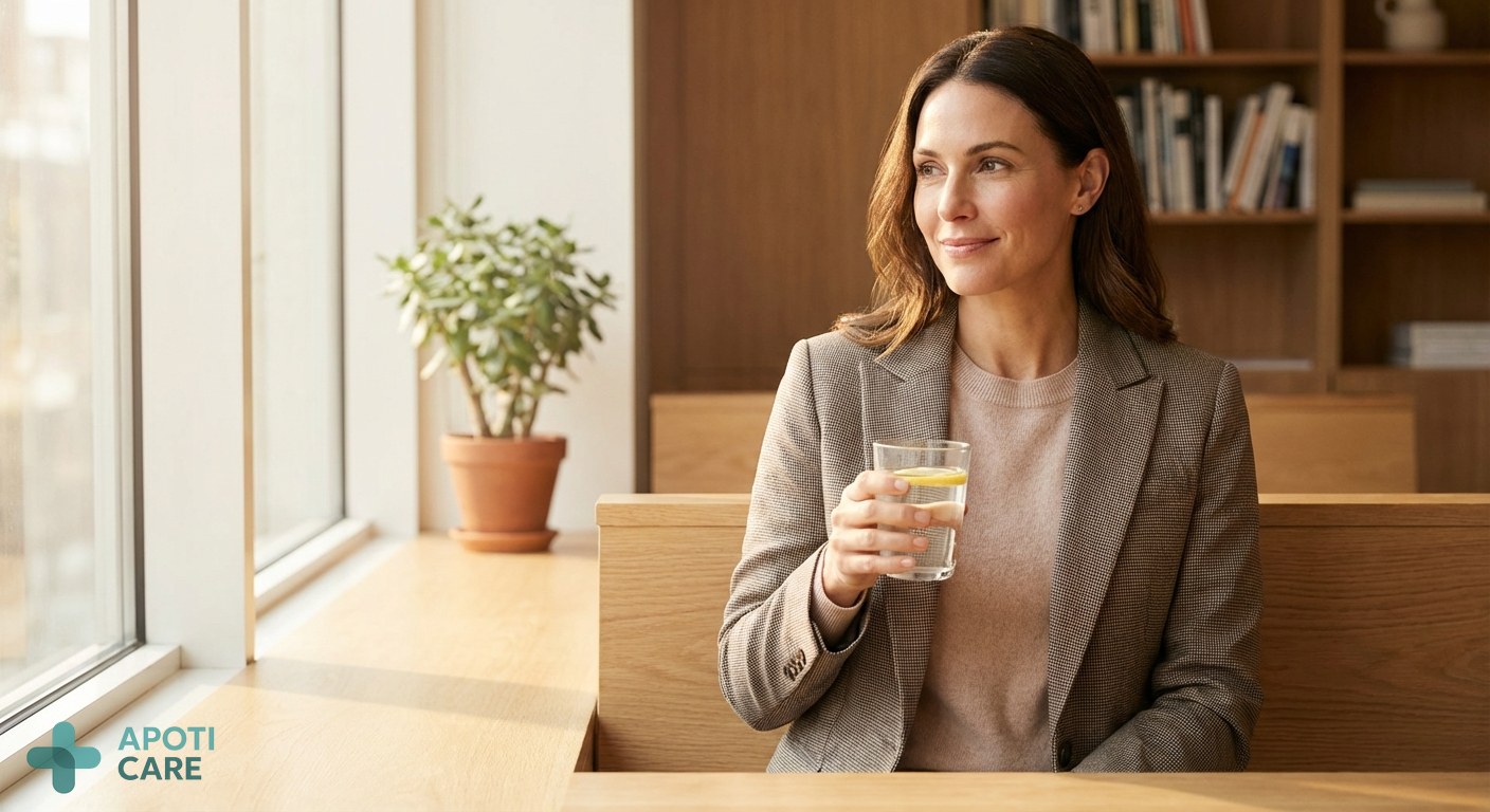 Realistic photography of a modern professional office worker sitting by a window with morning sunlight, holding a glass of water, looking refreshed, warm spring atmosphere