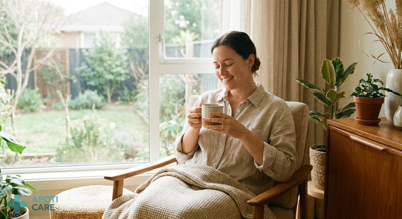 A calm person sitting by a window in soft morning light, looking relaxed with a cup of herbal tea, symbolizing the start of summer holidays and mental relief.
