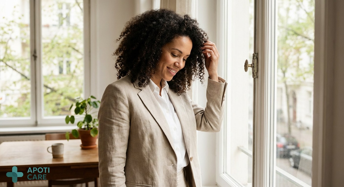 Professional woman in her 30s standing by a window with spring sunlight, touching her healthy curly hair, realistic photography style
