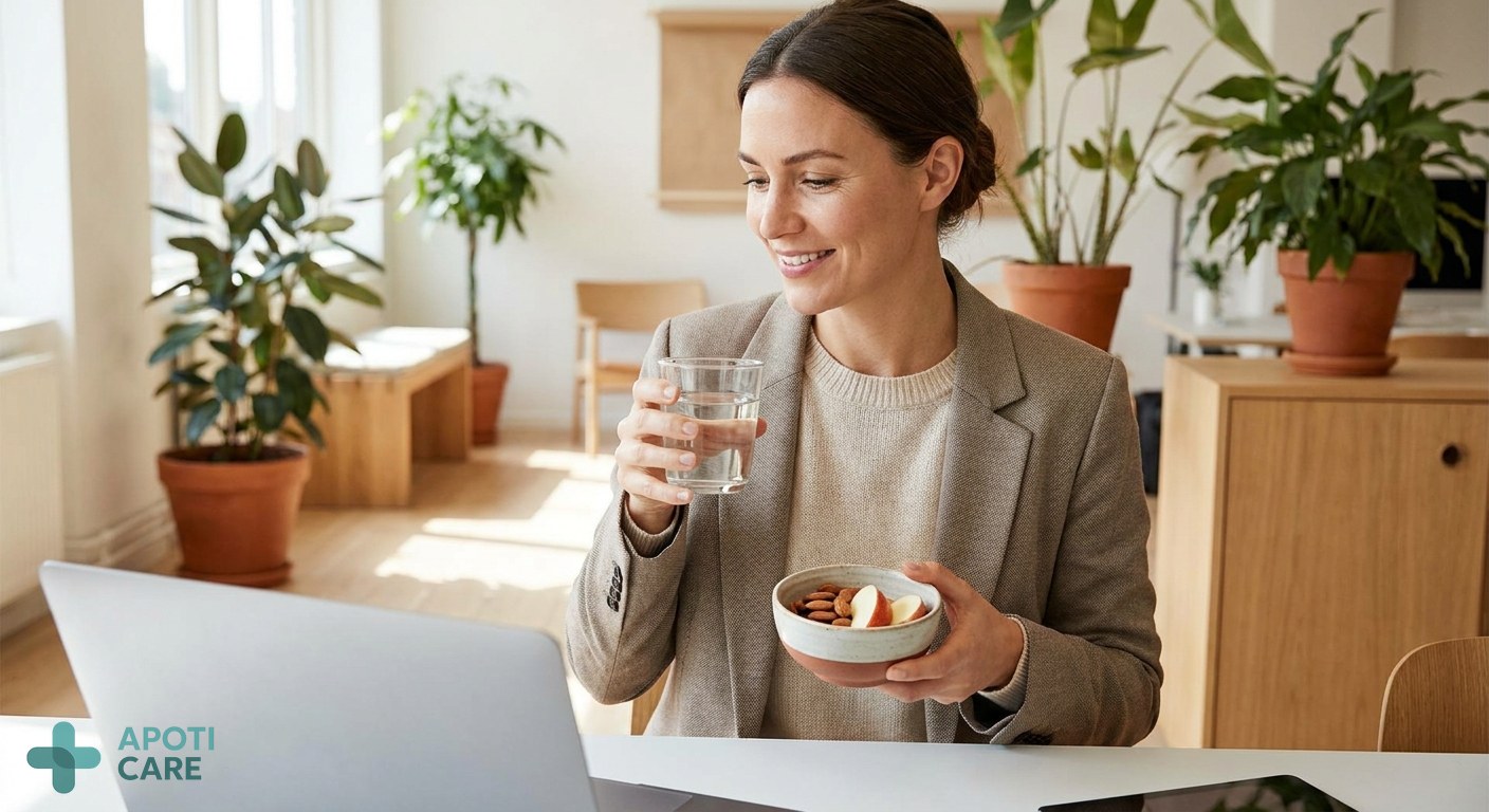A professional active woman in her late 30s, smiling, holding a glass of water and a healthy snack in a bright, modern office environment with green plants.