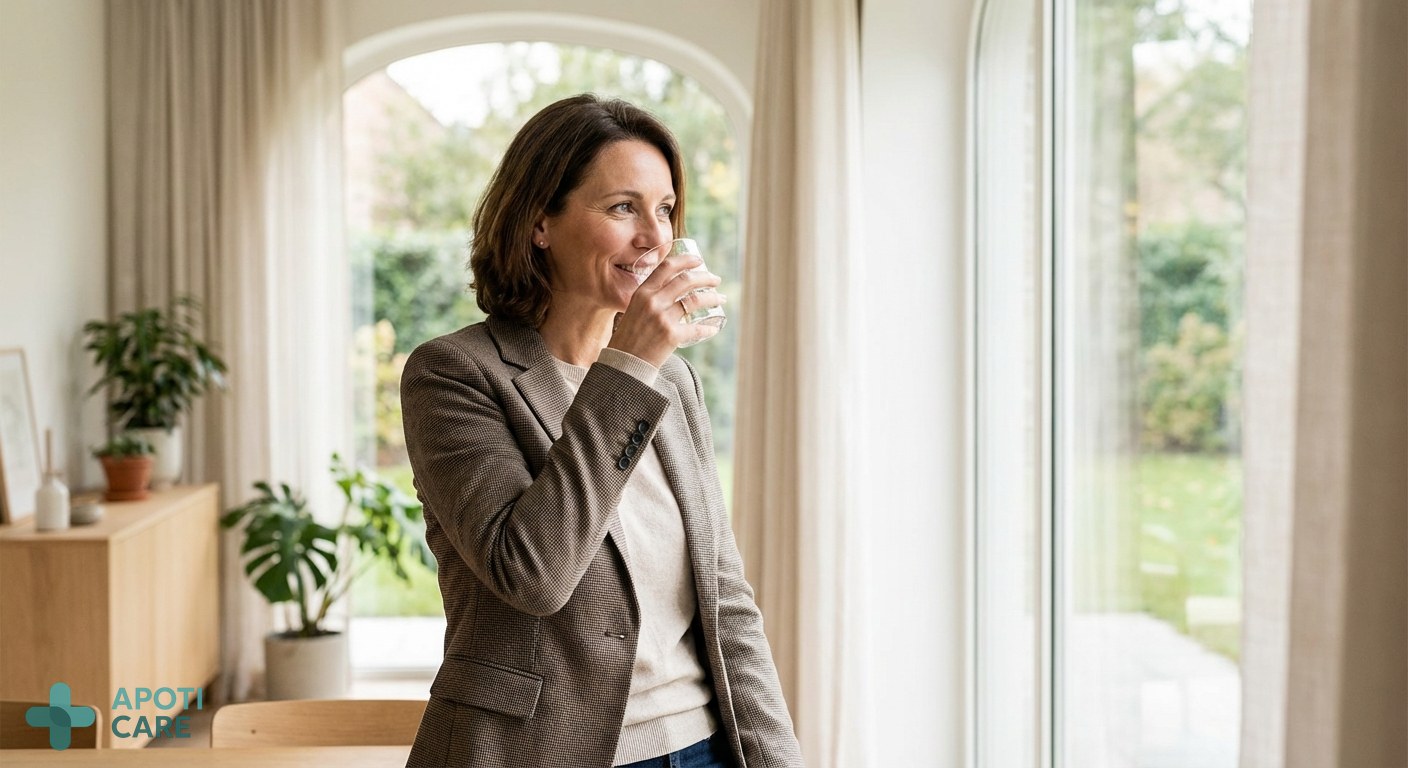 A professional woman in her 40s sitting by a sunlit window in a modern Belgian interior, drinking a glass of water, looking serene and confident, spring light filtering through.