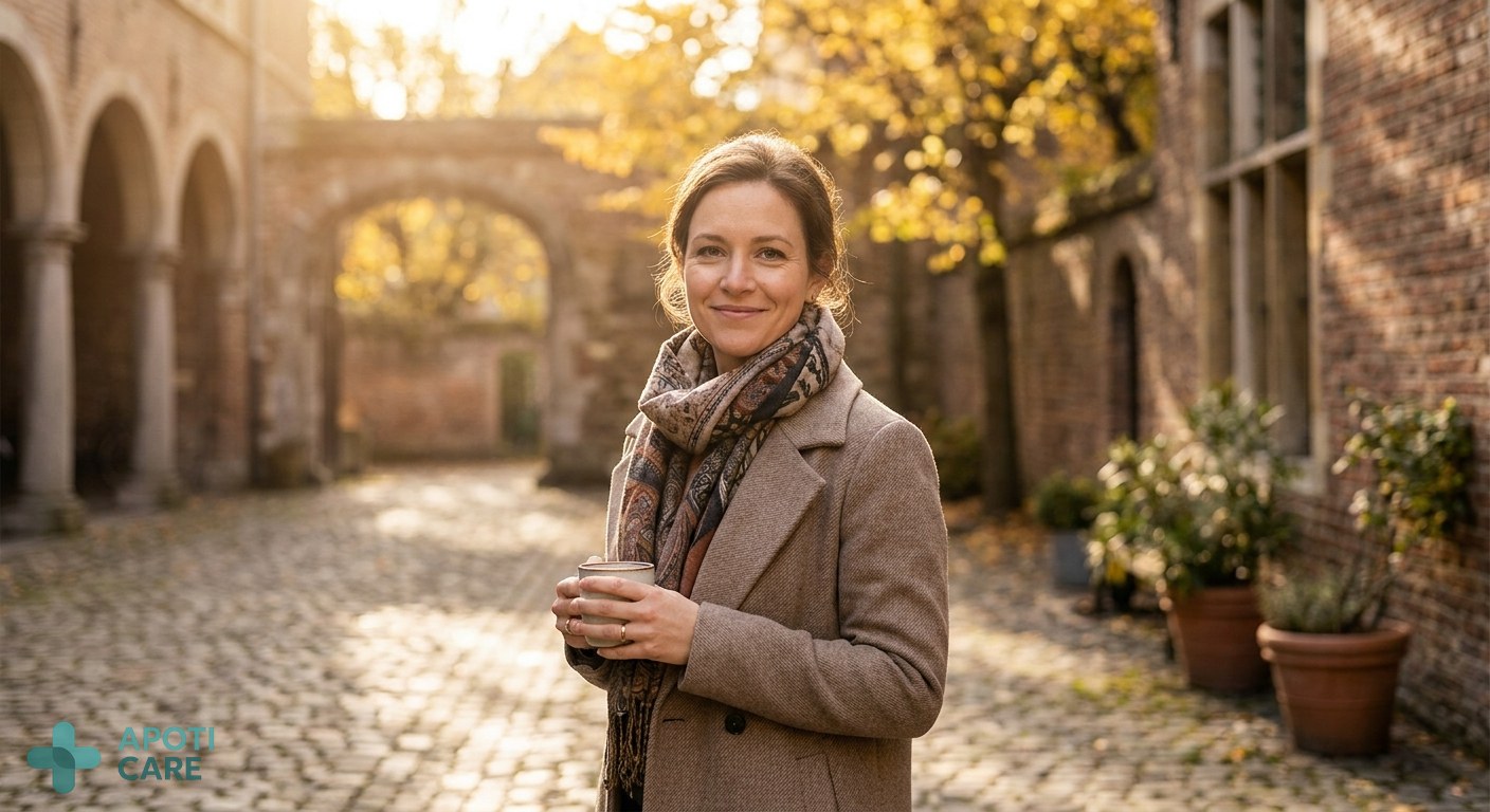 A professional person in their 30s standing in a sunlit historic courtyard, looking serene and healthy, autumn light, realistic photography style