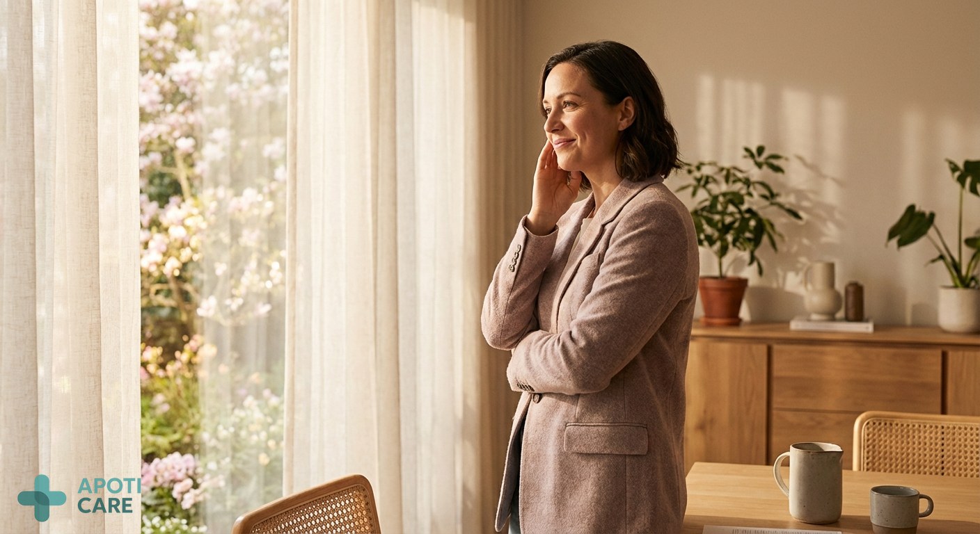 A professional person in their 30s looking through a sunny window at a spring garden, touching their cheek gently, soft morning light, realistic photography style