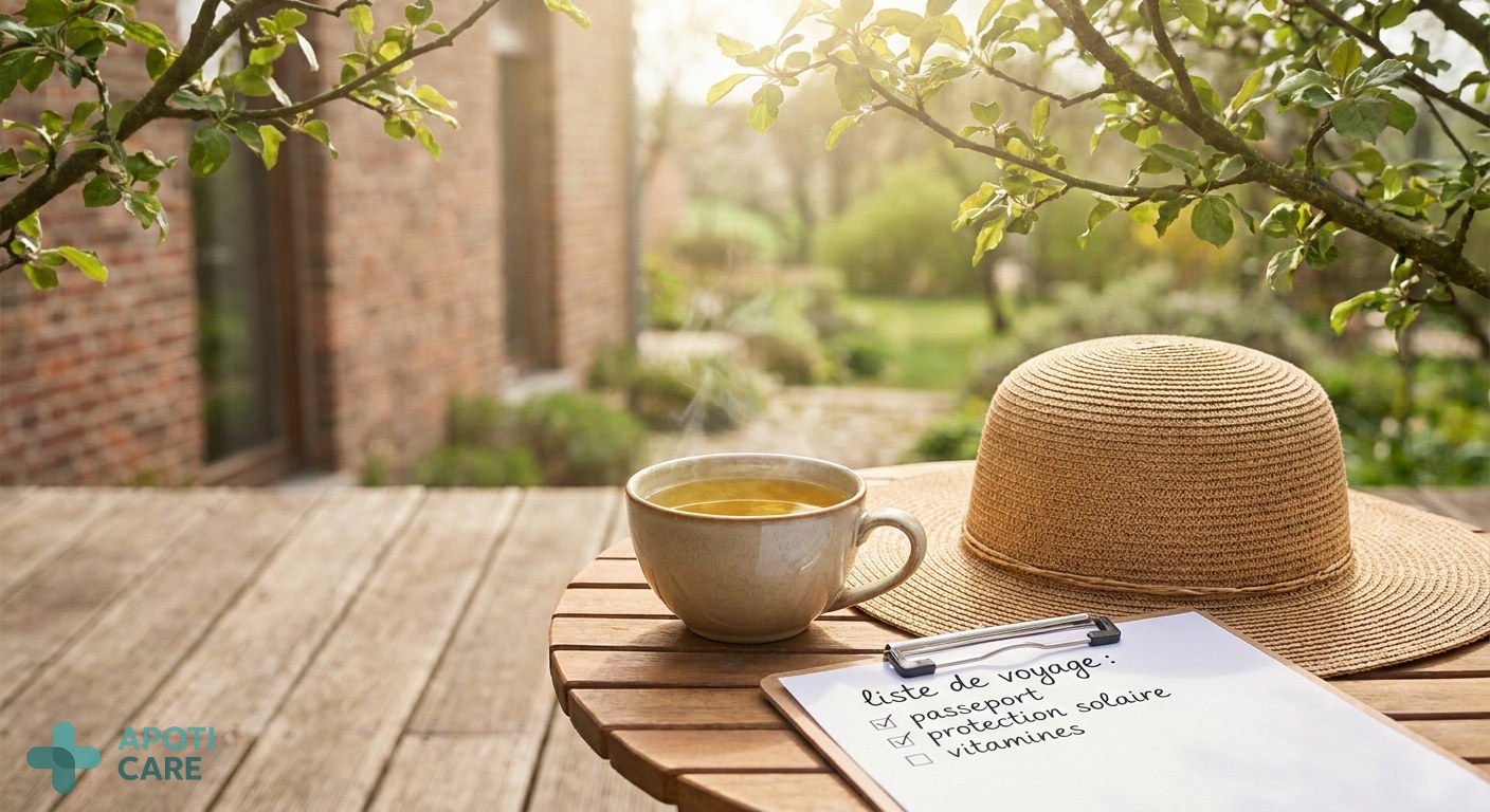 A serene morning scene on a wooden terrace in Belgium, with a cup of herbal tea, a sun hat, and a checklist for travel, soft spring sunlight filtering through trees.