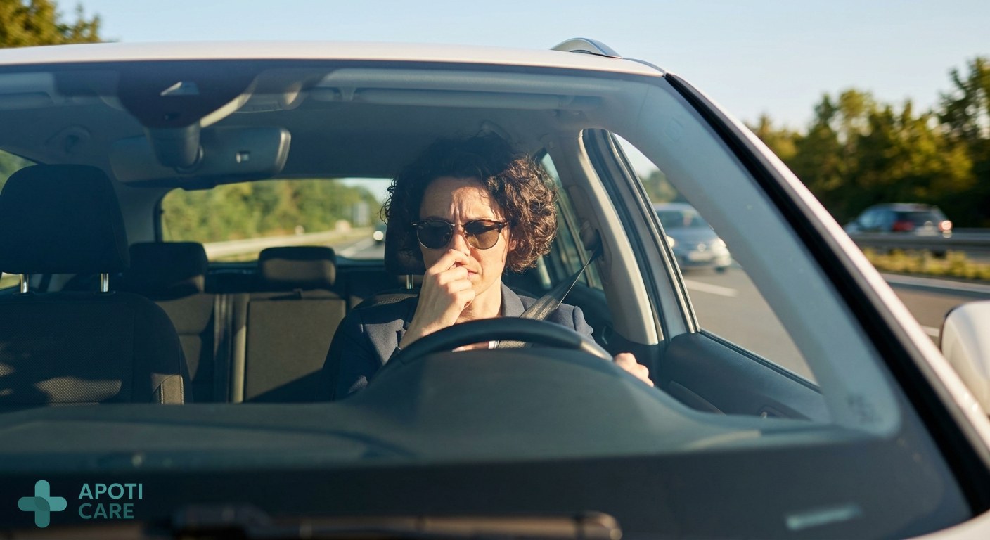 A modern professional person aged 35 driving a car on a sunny highway, looking focused but slightly bothered by nasal discomfort, soft summer light, realistic photography style