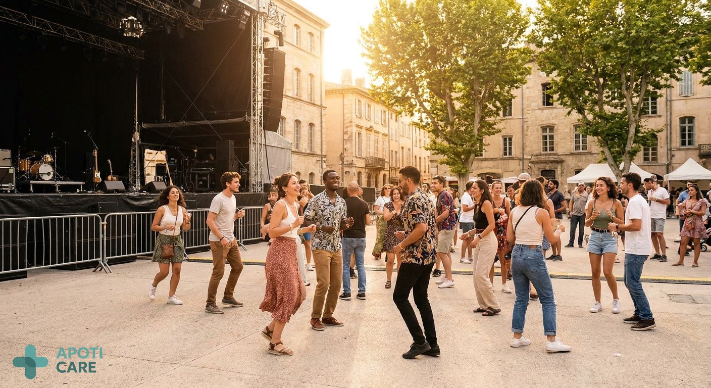 A vibrant outdoor music festival scene at sunset in a European city, people dancing joyfully but not crowded, warm golden hour light, realistic photography style.